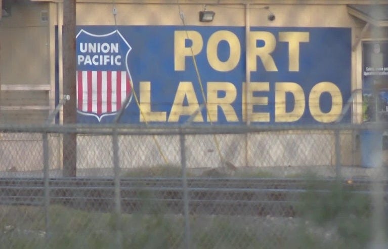 The bodies of six people - believed to be illegal aliens - were found inside a railcar at Union Pacific’s “Port Laredo” railyard on Sunday, May 10, 2026. (Screen grab from KGNS-TV news coverage)
