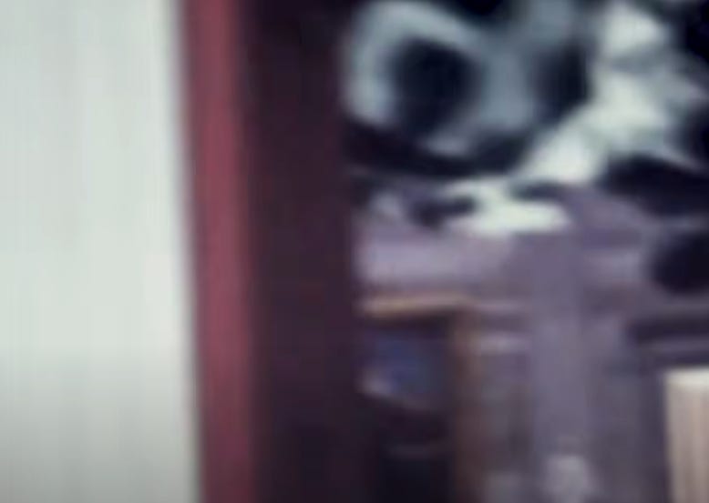 Freedom peeks her head through a doorway, her head large and unnerving. Monument Mythos.