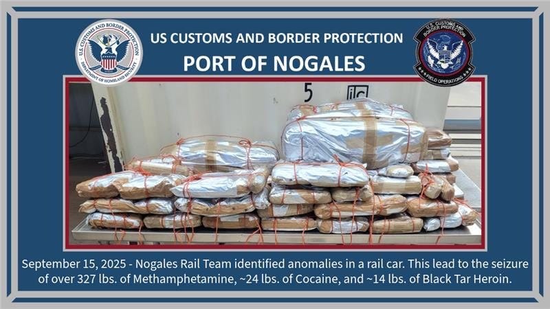 The Nogales CBP “Rail Team” hit the jackpot on September 15, 2025. They found a cartel drug load consisting of more than 327 pounds of meth, 24 pounds of cocaine, and 14 pounds of black tar heroin. The Nogales CBP “Rail Team” hit the jackpot on September 15, 2025. They found a cartel drug load consisting of more than 327 pounds of meth, 24 pounds of cocaine, and 14 pounds of black tar heroin.