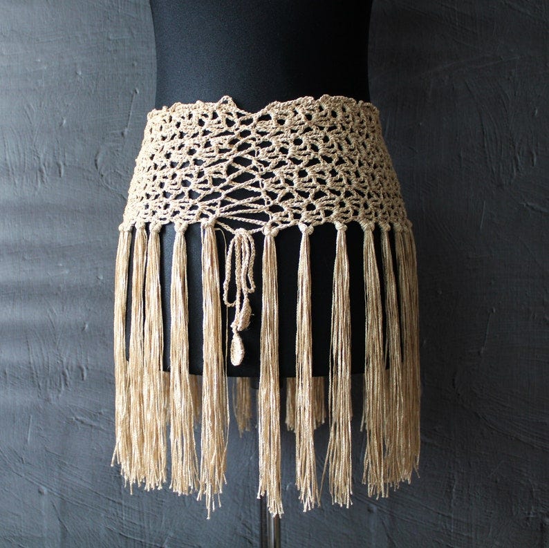 Crochet corset belt, wide beige velvet lace belt with fringe, Tassels skirt, Boho festival waist scarf, ATS belly dance, Gypsy, Hippie, Burning Man Clothes