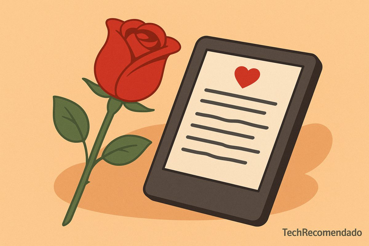Ilustración plana con una rosa roja junto a un lector electrónico y libros digitales, sobre fondo claro, con branding TechRecomendado