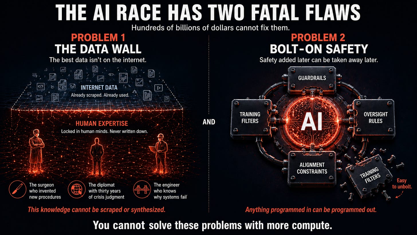 Dark infographic titled The AI Race Has Two Fatal Flaws. Left column, Problem 1: The Data Wall, contrasts a finite layer of internet data above with a vast glowing field of human expertise below containing a surgeon, diplomat, and engineer. Caption: This knowledge cannot be scraped or synthesized. Right column, Problem 2: Bolt-On Safety, shows an AI core surrounded by four bolt-attached safety modules, with one module shown detached. Caption: Anything programmed in can be programmed out. Bottom tagline: You cannot solve these problems with more compute. Dark infographic titled The AI Race Has Two Fatal Flaws. Left column, Problem 1: The Data Wall, contrasts a finite layer of internet data above with a vast glowing field of human expertise below containing a surgeon, diplomat, and engineer. Caption: This knowledge cannot be scraped or synthesized. Right column, Problem 2: Bolt-On Safety, shows an AI core surrounded by four bolt-attached safety modules, with one module shown detached. Caption: Anything programmed in can be programmed out. Bottom tagline: You cannot solve these problems with more compute.