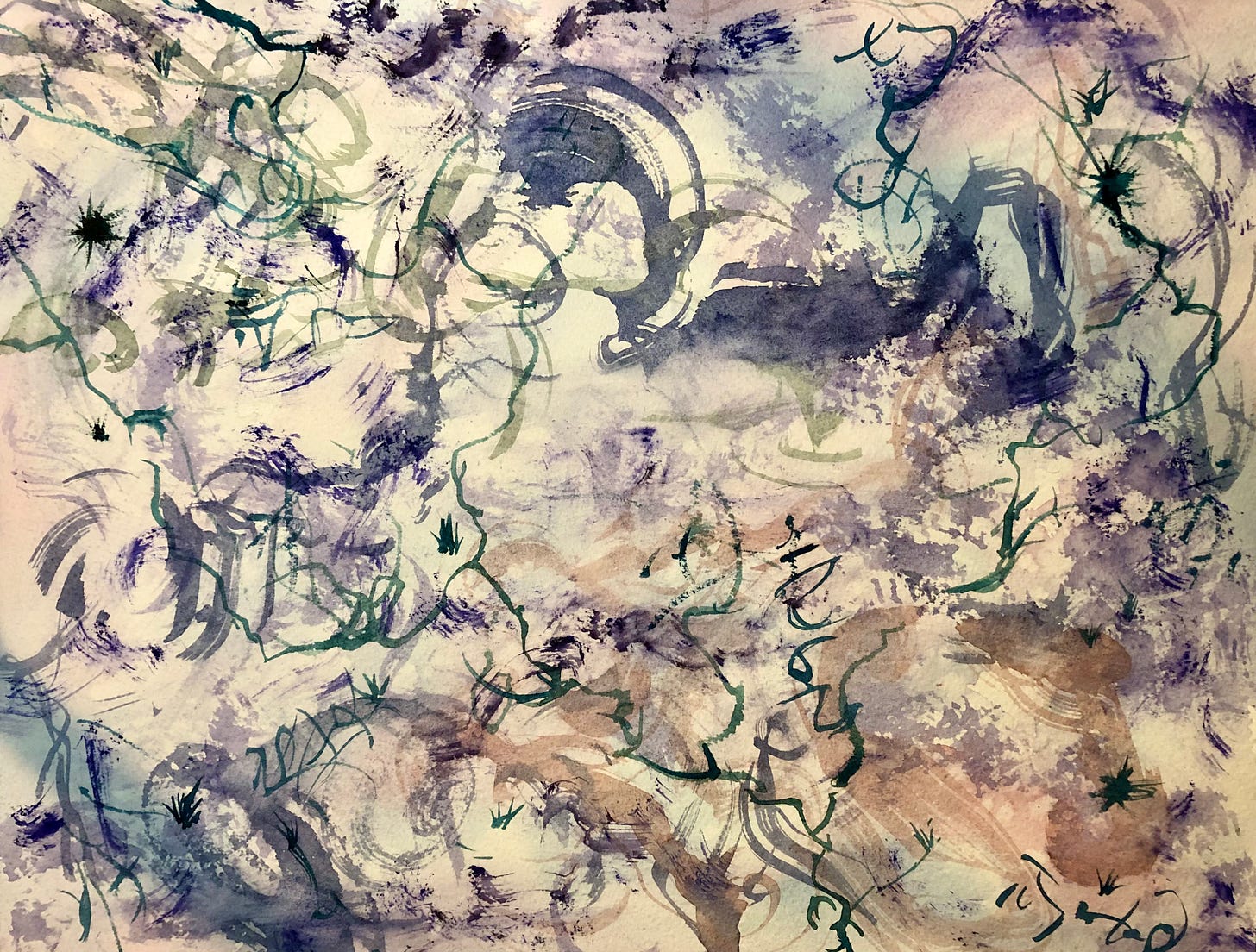 An expressive abstract artwork featuring energetic brushstrokes and splatters in purple, teal, and earth tones on cream-coloured paper. The composition includes dynamic circular motions, gestural marks, and spontaneous ink blots creating a sense of movement and creative expression.
