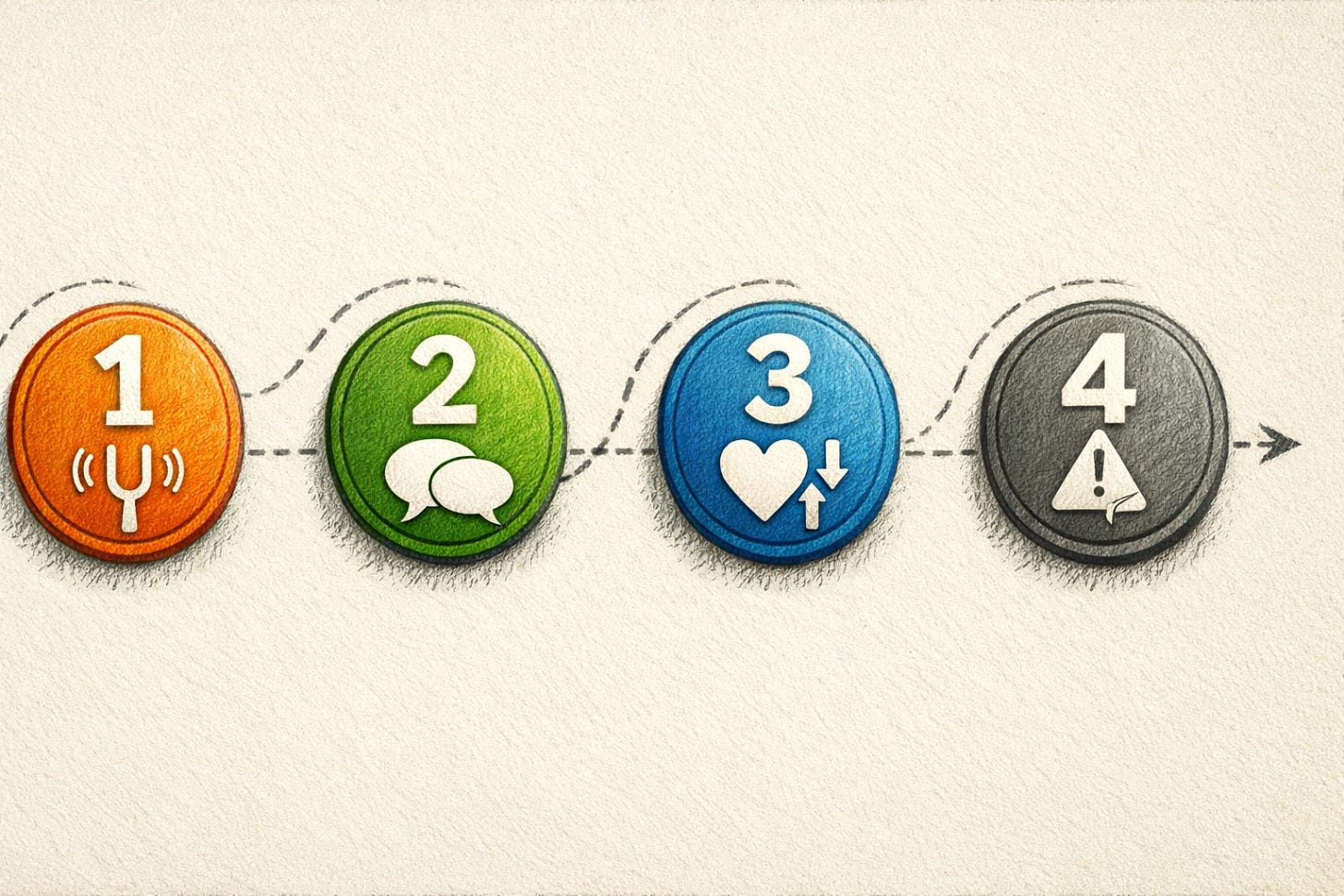 Surreal technical Escher-style numbered list graphic showing four connected guardrail checks: tone, red lines, emotional delta, and failure protocol.