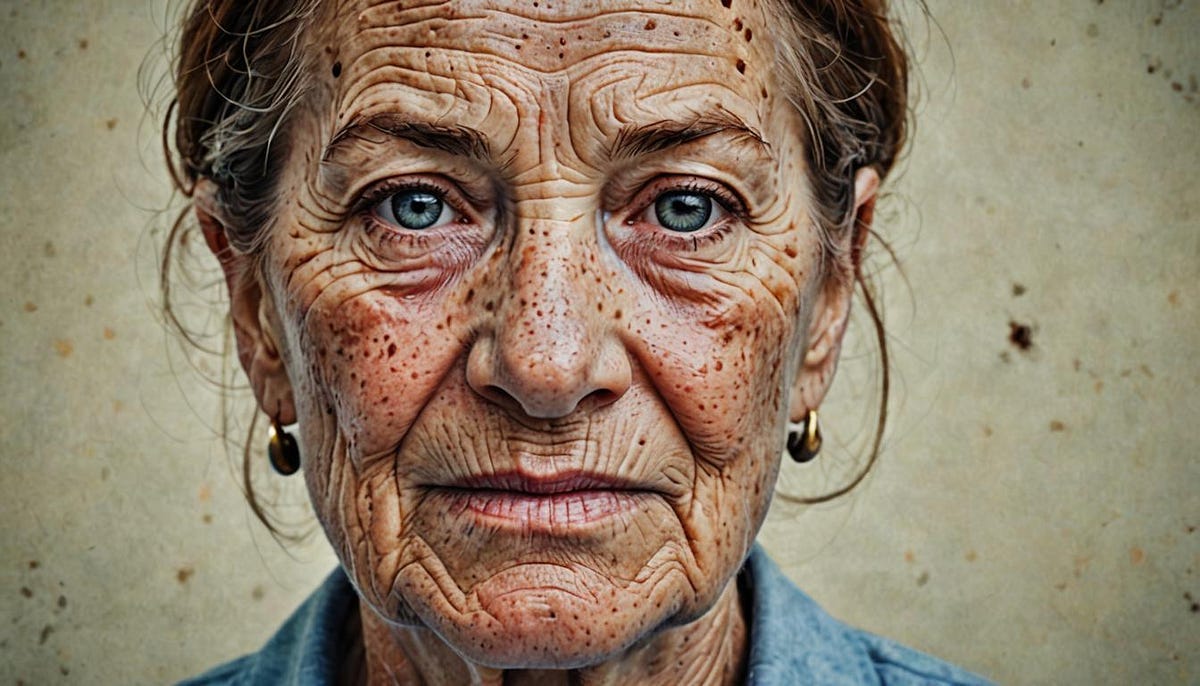 Close up of older woman’s face, wrinkled and freckled Close up of older woman’s face, wrinkled and freckled