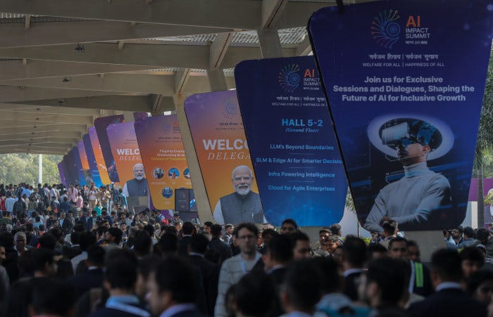 Visitors at the AI Impact Summit 2026 in New Delhi, India.