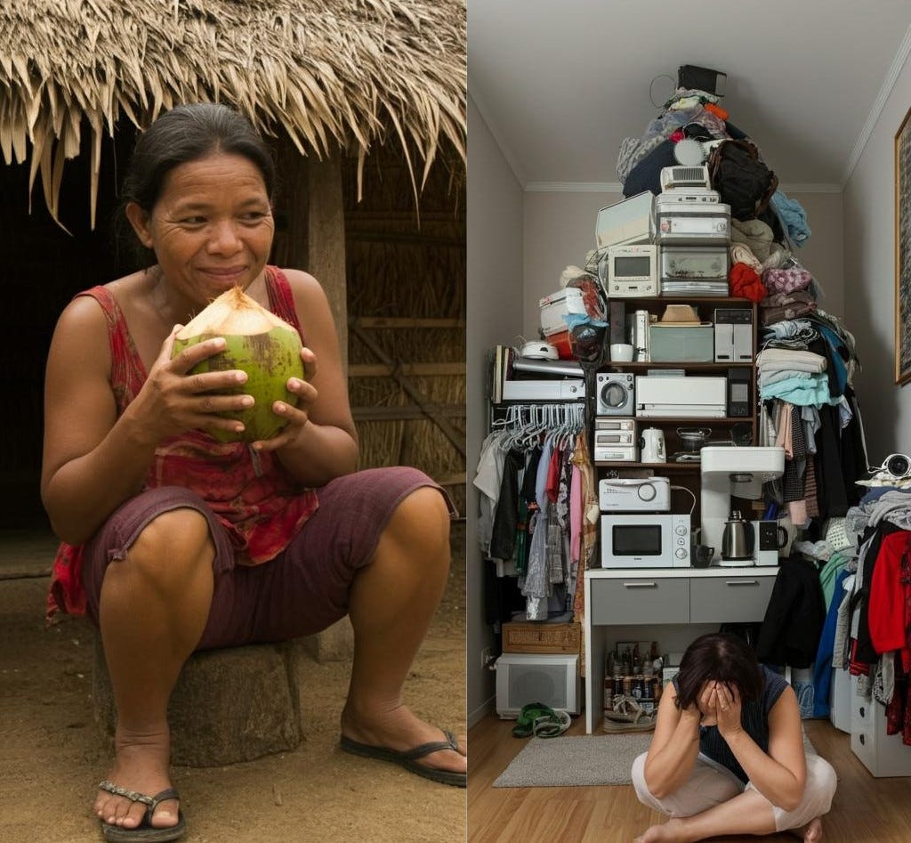 A woman living a simple, subsistence existence, smiling. Another, overshadowed by a huge pile of possessions, in despair.