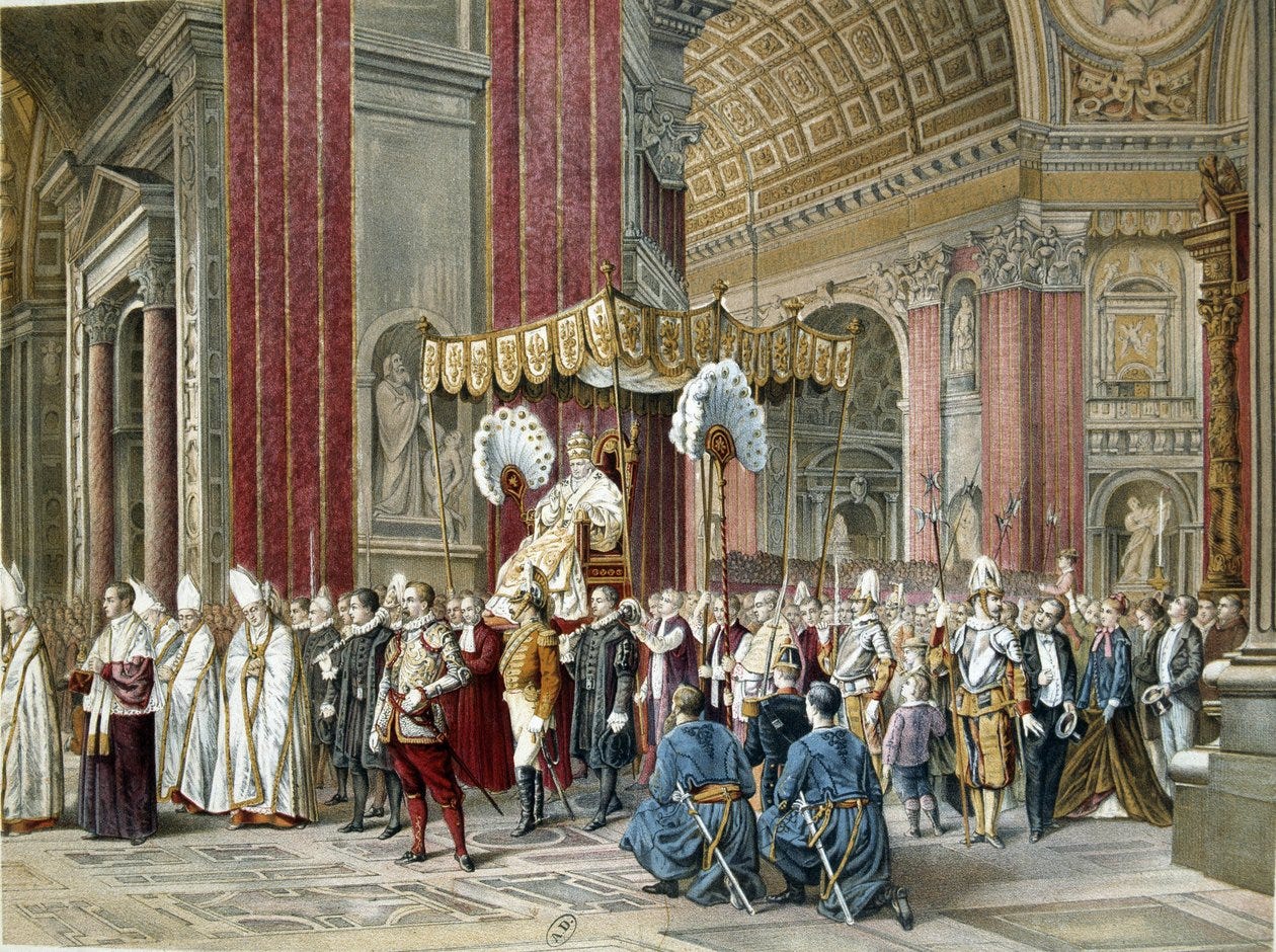 Paus Pius IX (1792-1846) ging naar de openingsceremonie op 08/12/1869 van  het Eerste Vaticaans Concilie in de Sint-Pietersbasiliek. Het is op de Sedia