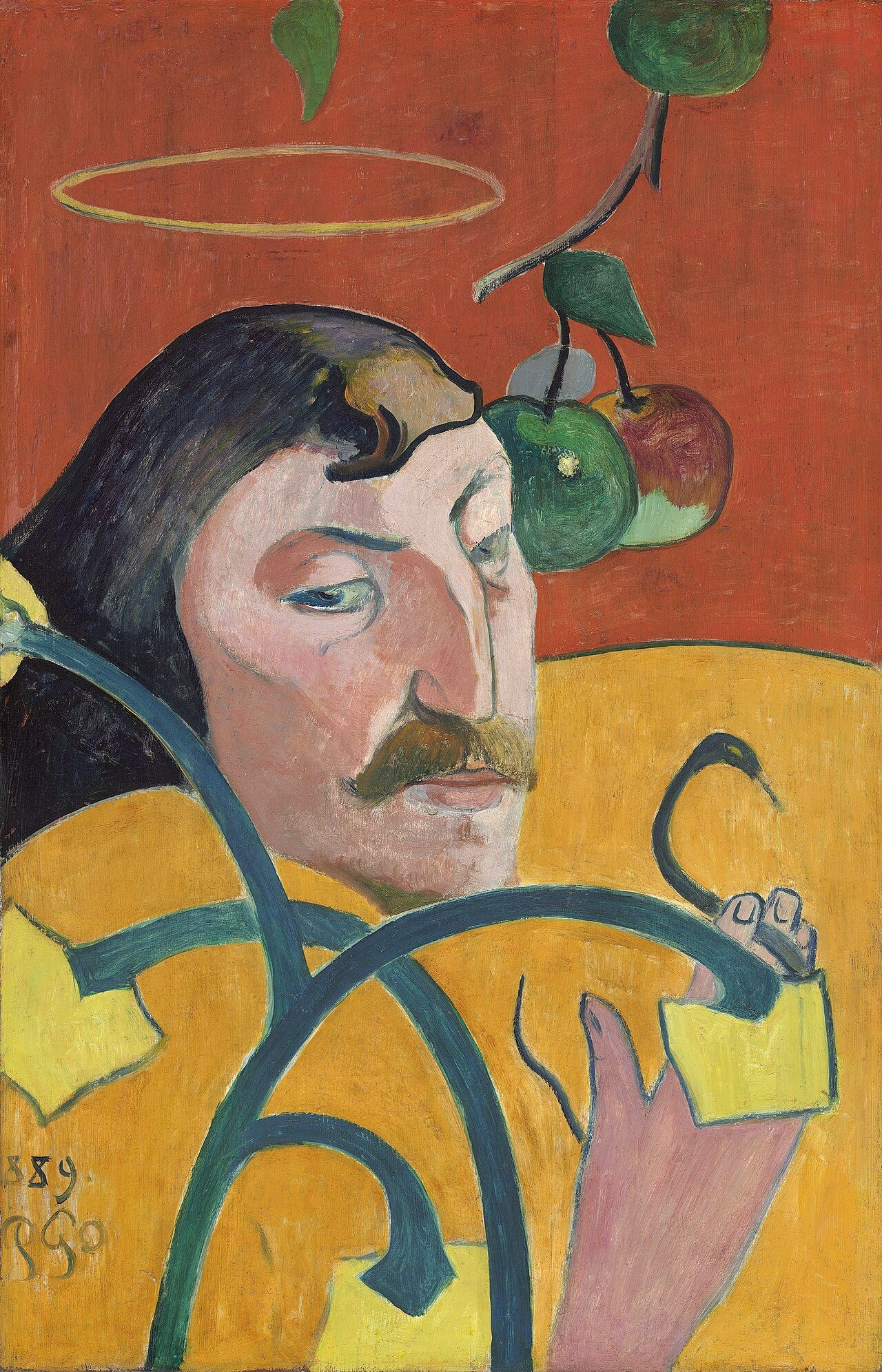 Stylized Gauguin self portrait with a halo, apples and a snake.