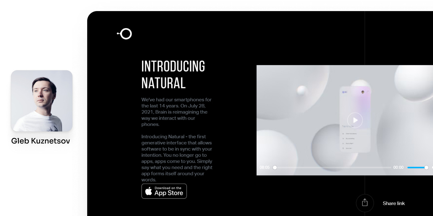 Gleb Kuznetsov's profile image and a screenshot of his startup, Brain Technologies