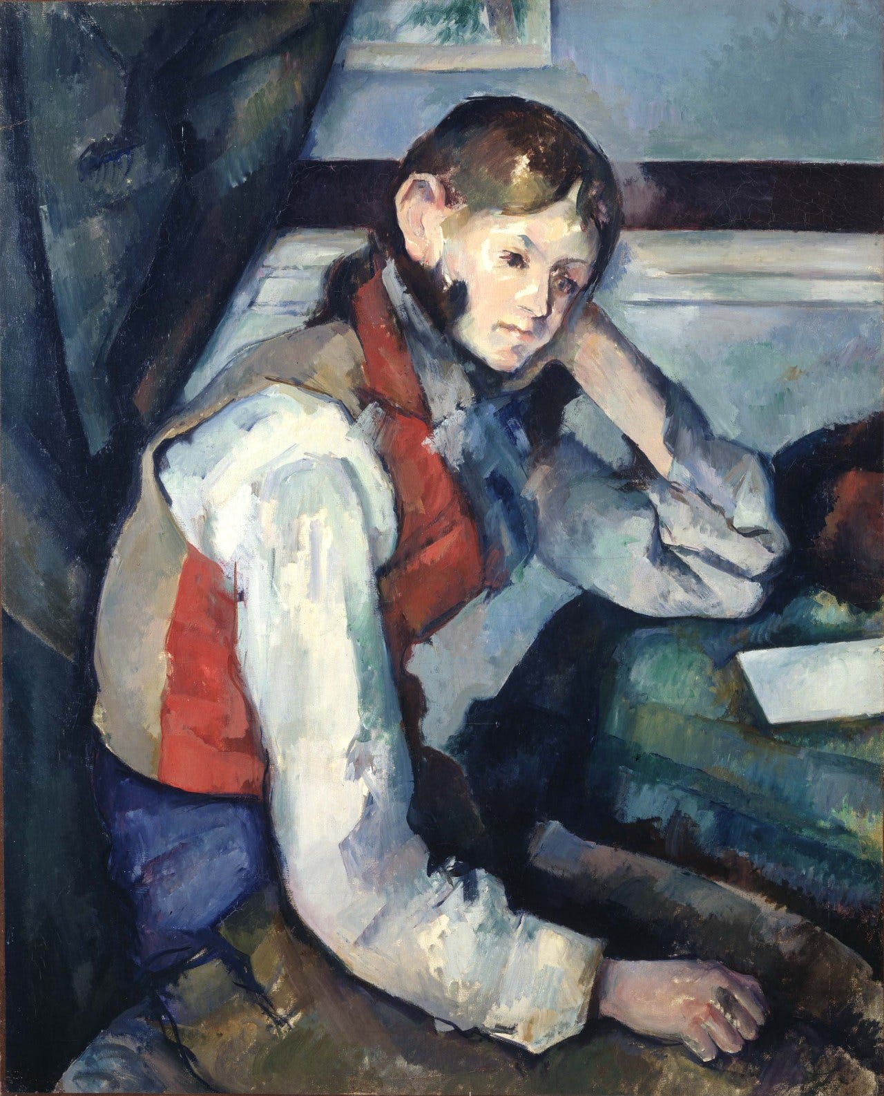A young man in a red waistcoat and white shirt, leaning on one elbow with his head resting against his hand. A young man in a red waistcoat and white shirt, leaning on one elbow with his head resting against his hand.