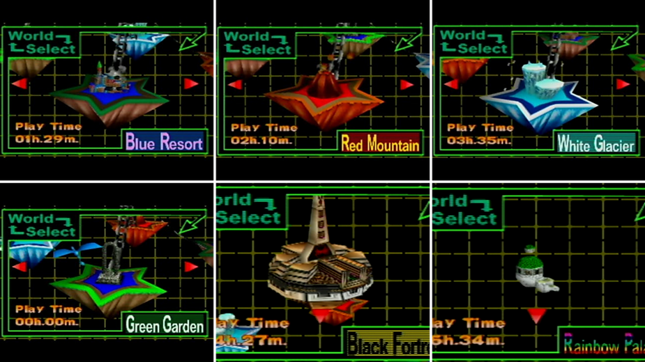 Game world selection screen showing floating islands: Blue Resort, Red Mountain, White Glacier, Green Garden, Black Fortress, Rainbow Palace.