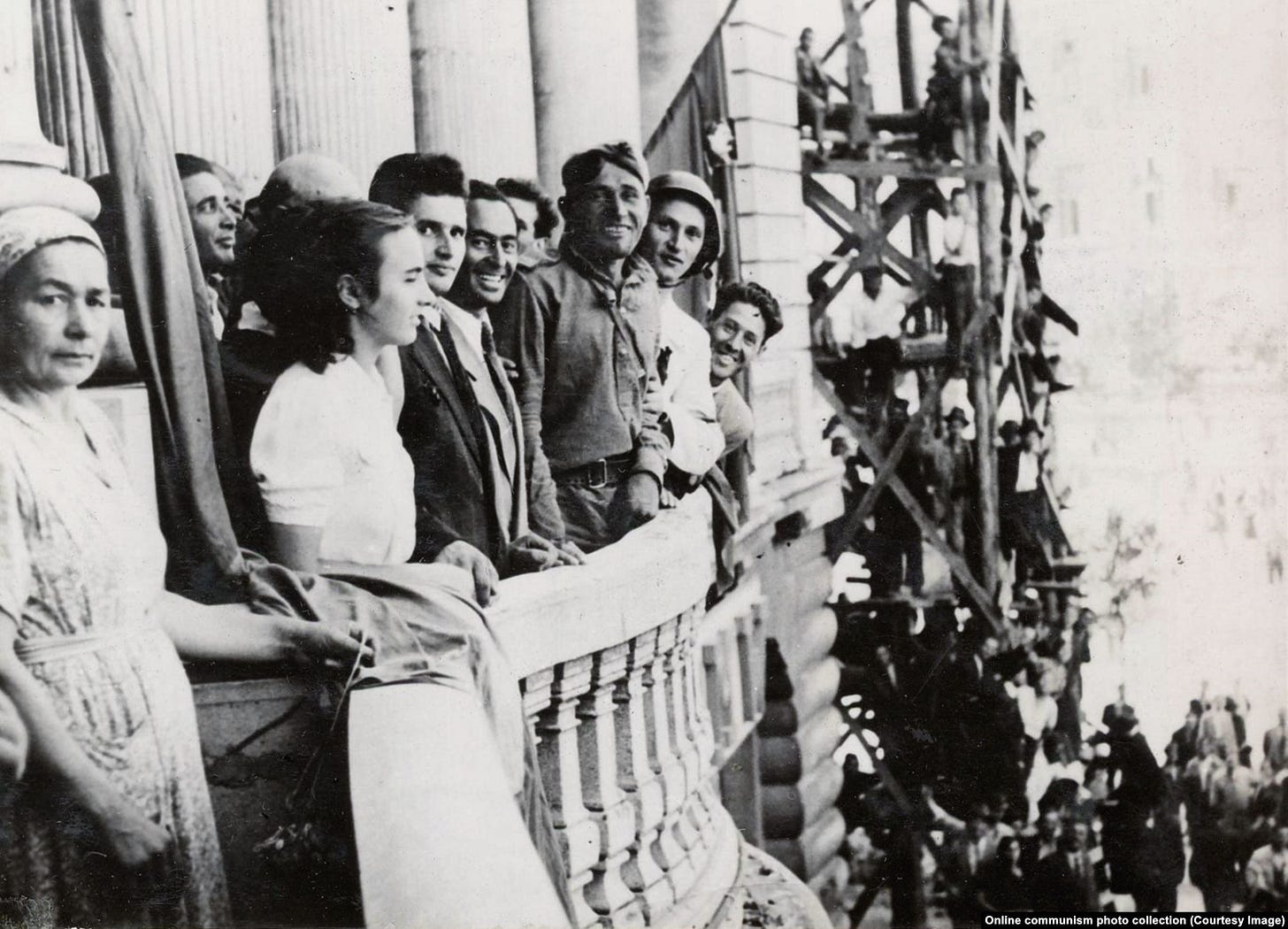 Nicolae (in black jacket) and Elena Ceausescu (with white blouse) on a balcony overlooking Bucharest’s University Square. The pair were welcoming the arrival of Soviet troops to Romania after a coup overthrew the country’s pro-Nazi ruler in August 1944.