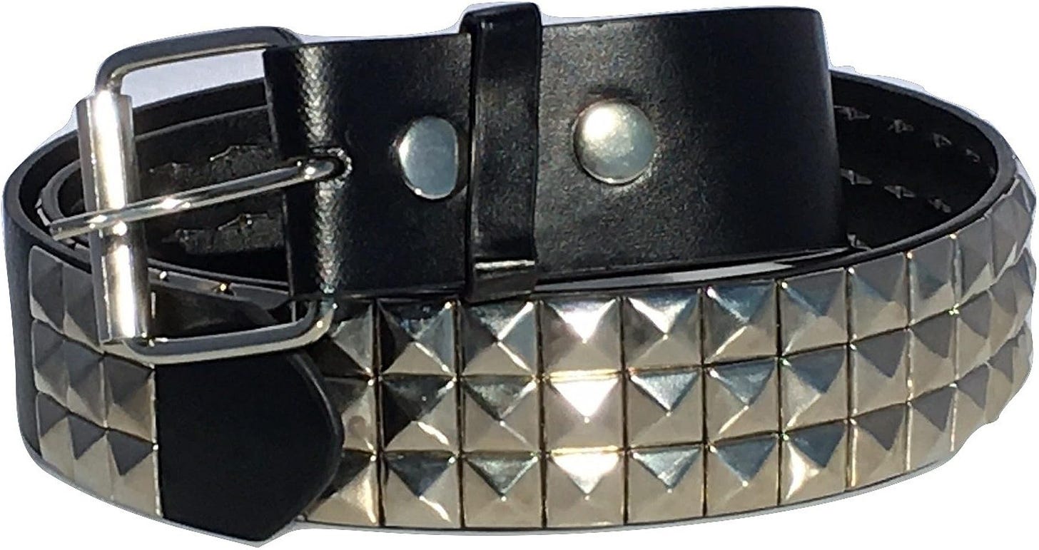 Dangerous Threads Black Studded Belt- 1 1/2 inch - Nickel Pyramid Studs - Punk, Goth Dangerous Threads Black Studded Belt- 1 1/2 inch - Nickel Pyramid Studs - Punk, Goth