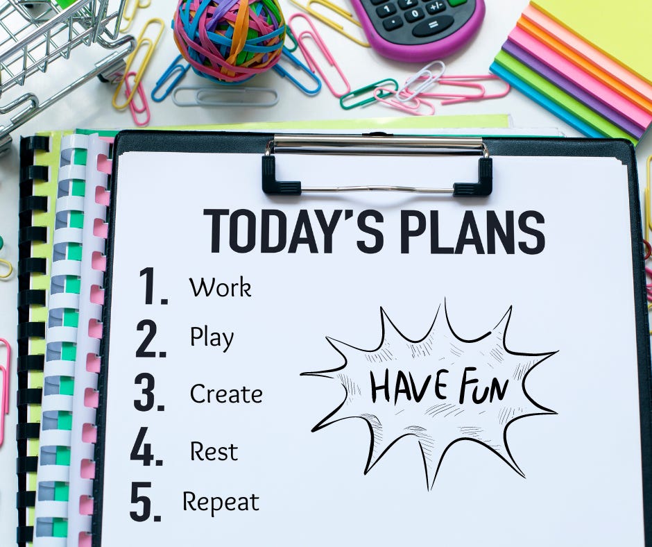 A clipboard with colorful office equipment around it. The top reads "Today's Plans" 1. Work 2. Play 3. Create 4. Rest. 5. Repeat. On the side of the page it says "Have Fun"
