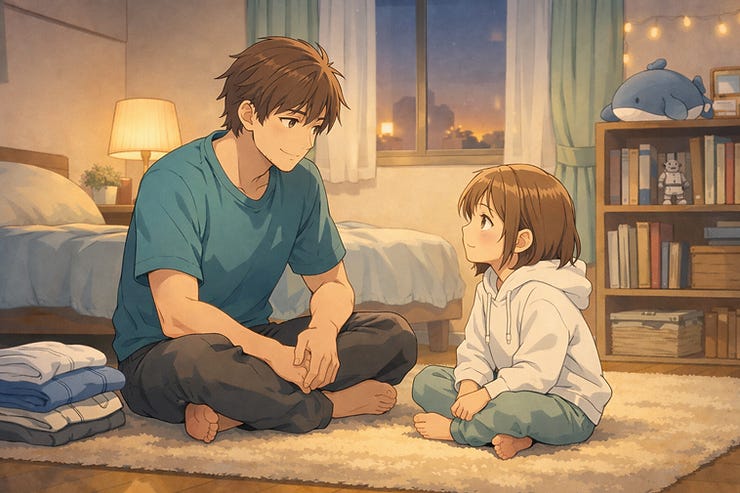 A father and a child sit cross-legged on a rug, smiling at each other in a cozy, lit room with bookshelves. A sunset view is visible outside. A father and a child sit cross-legged on a rug, smiling at each other in a cozy, lit room with bookshelves. A sunset view is visible outside.