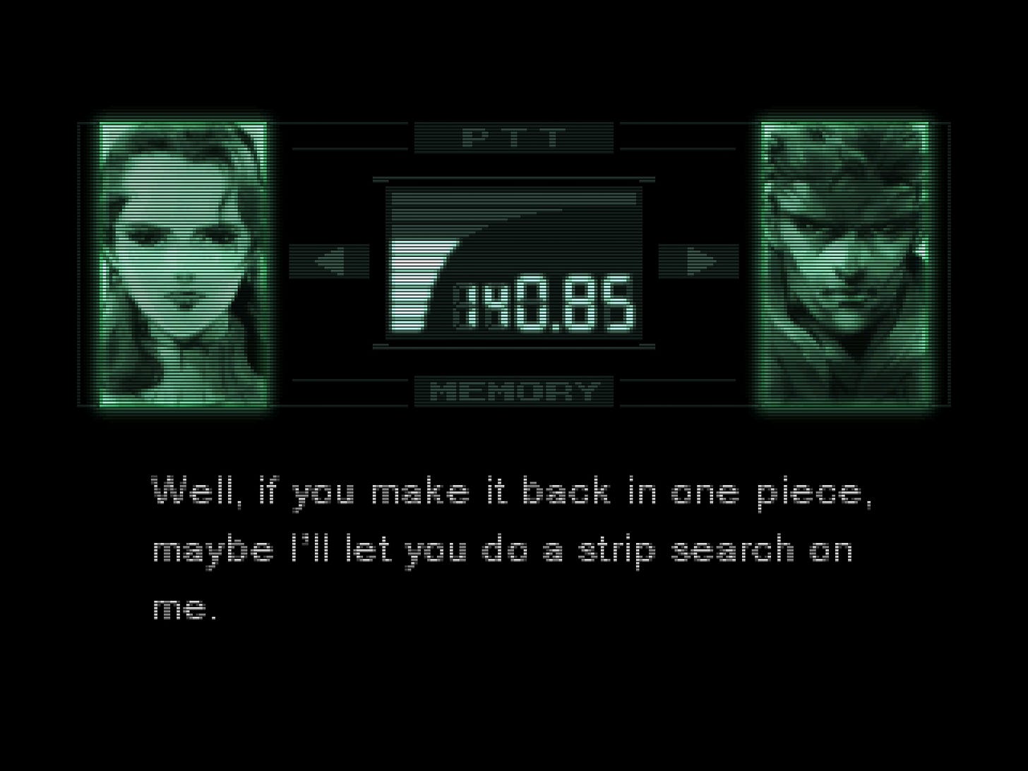 a codec call between Naomi Hunter and Solid Snake. Frequency 140.85 displayed in the middle. Naomi says, "Well, if you make it back in one piece, maybe I'll let you do a strip search on me."