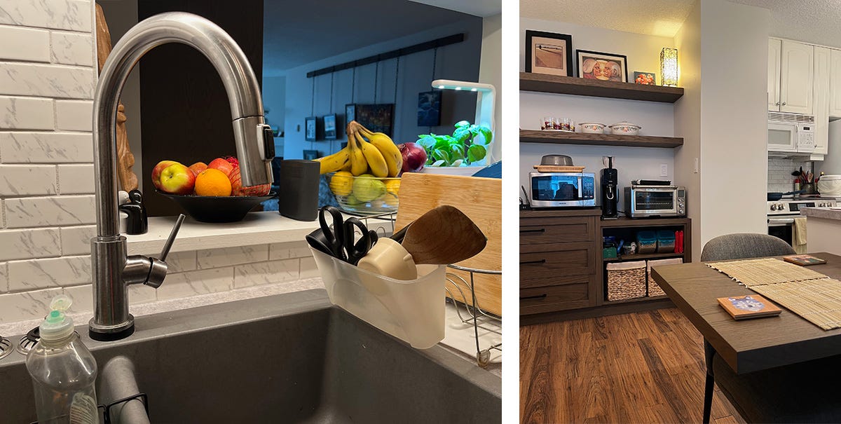 Left: Close-up view of the touch-controlled faucet. Right: View of our dining room into the kitchen showing the lowered flip-up table at the end of the counter.