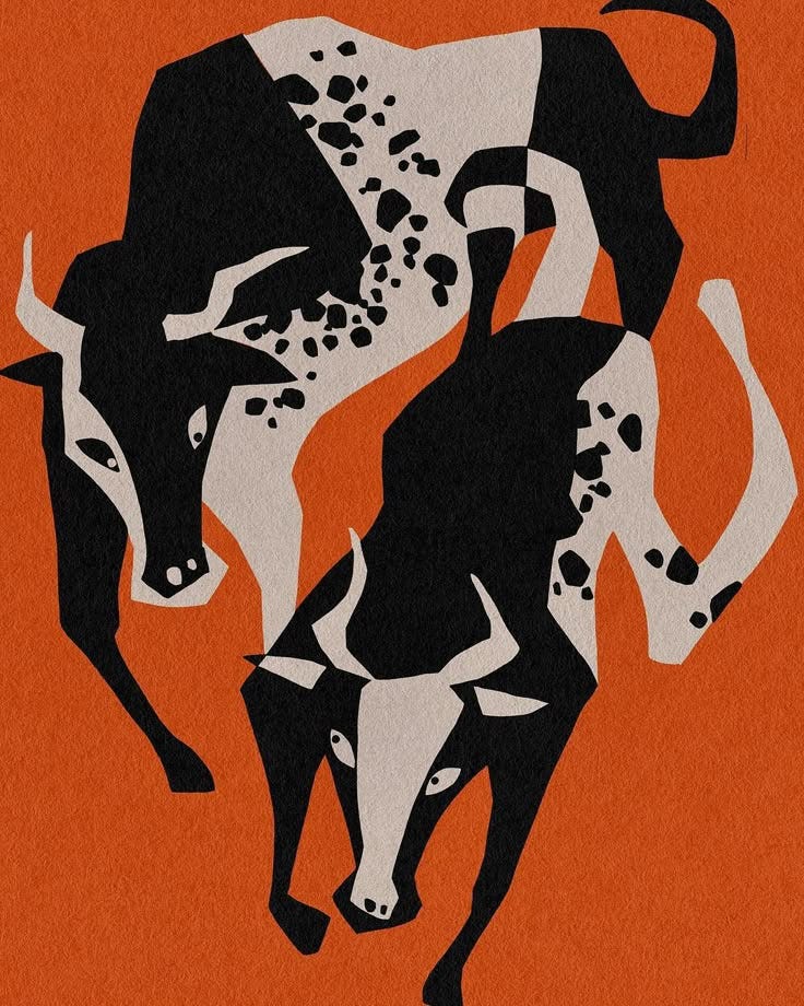 This may contain: two black and white bulls on an orange background This may contain: two black and white bulls on an orange background