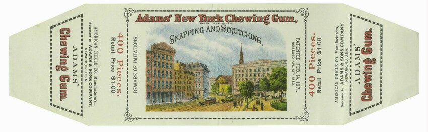 Adams' New York Chewing Gum Box Label. In 1899, the American Chicle Company was formed by Yucatan Gum, Adams Gum, Beeman's G...
