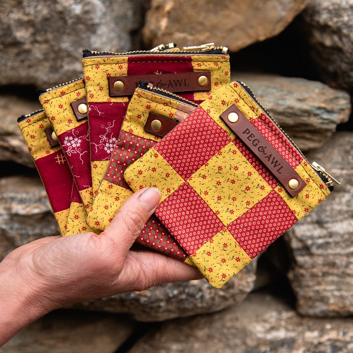 antique quilt block and waxed canvas pouches, Peg and Awl