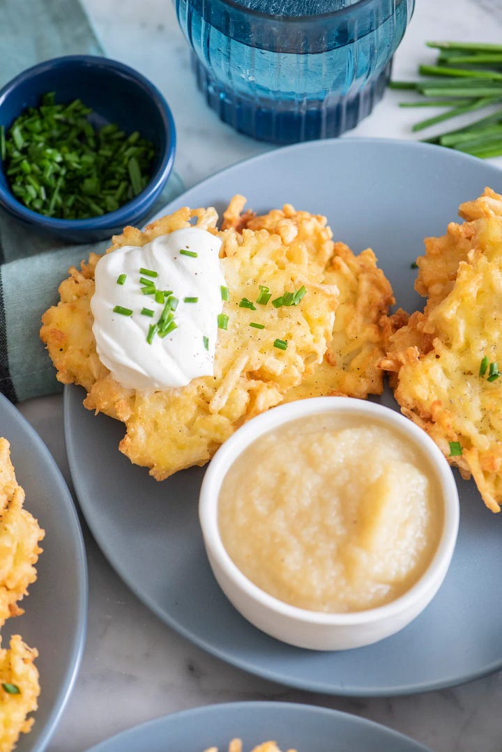Image 1: potato pancakes (latkes) with sour cream and small bowl of applesauce; Image 2: bowl of chicken soup with carrots, celery, and parsley