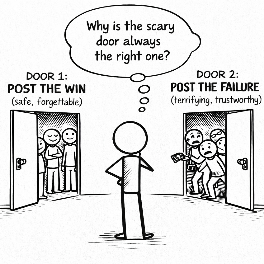 Stick figure choosing between posting wins and posting failures for subscriber trust Stick figure choosing between posting wins and posting failures for subscriber trust