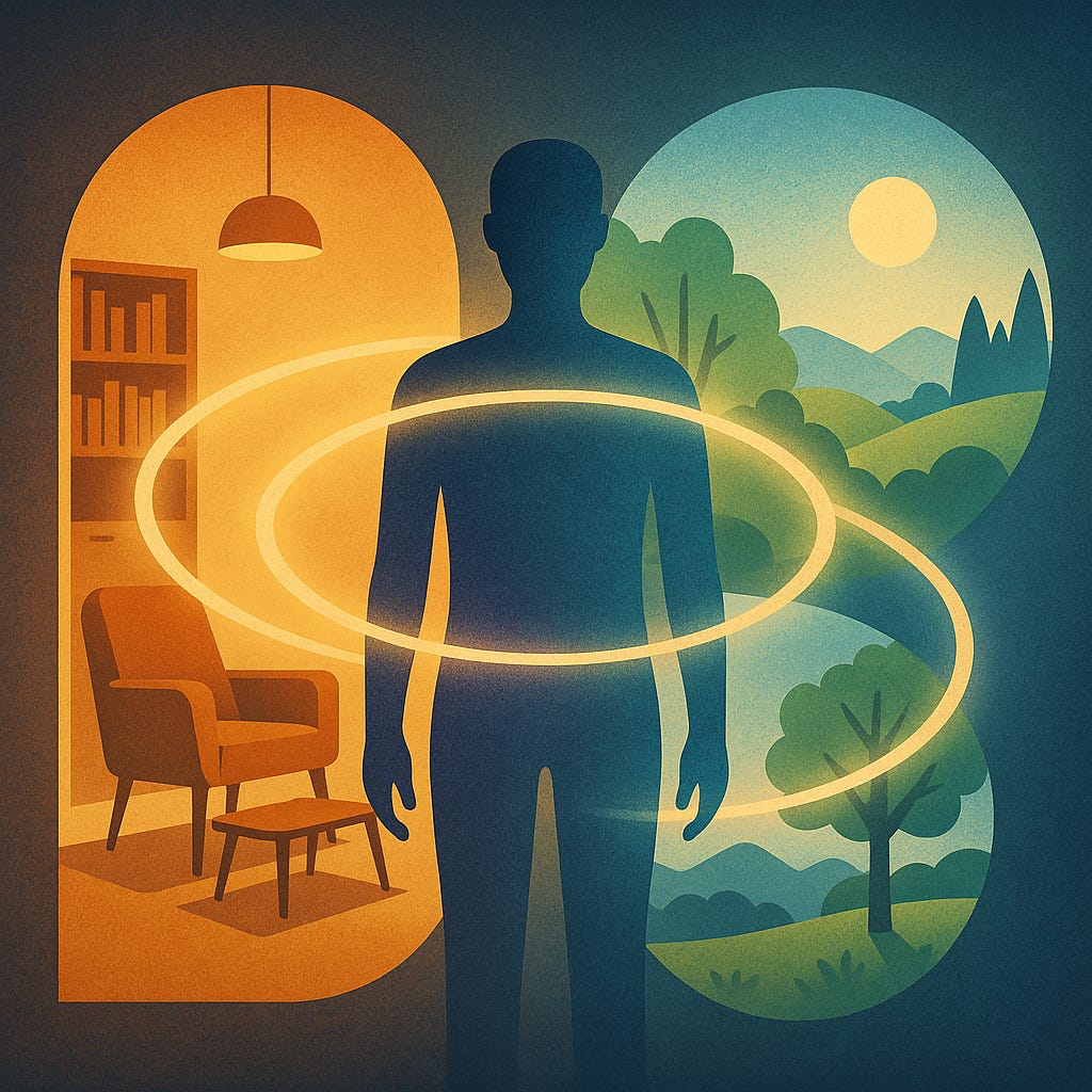 Illustration of a human figure standing between two contrasting environments — a cosy indoor room on the left and a bright outdoor landscape on the right. Glowing golden rings encircle the person, symbolising coherence between self and environment. The artwork conveys balance, alignment, and the interplay between inner and outer worlds within the Recognition Field Matrix.