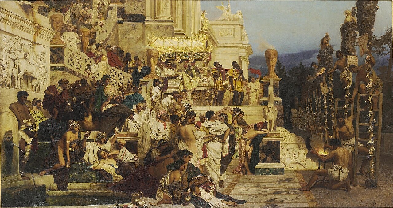 Christians bound to poles in a Roman garden before the court Christians bound to poles in a Roman garden before the court