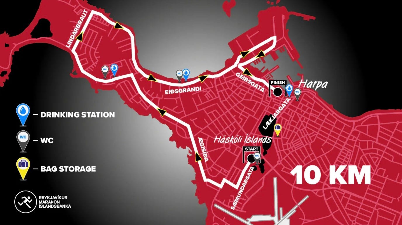 2026 Reykjavik Marathon 10K course map.