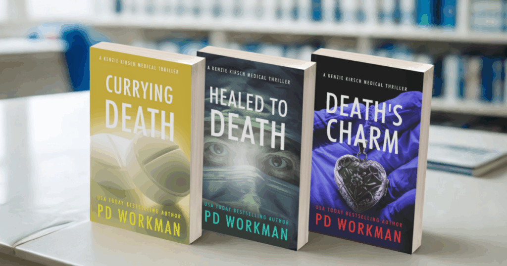 covers of Currying Death, Healed to Death, and Death's Charm, medical thrillers by P.D. Workman displayed in lab