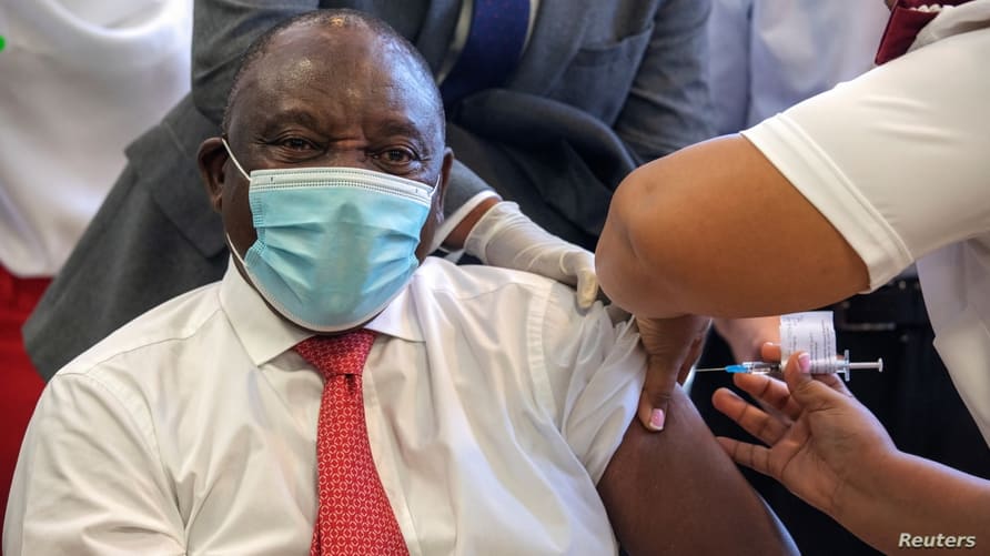 South African President Cyril Ramaphosa receives the Johnson and Johnson coronavirus disease (COVID-19) vaccination at the Khayelitsha Hospital near Cape Town, South Africa, Feb. 17, 2021.