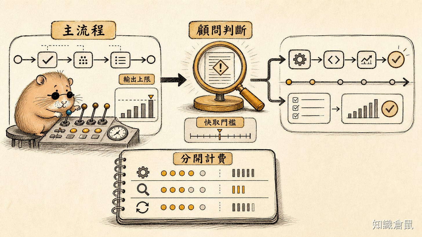 角色成本帳本：把主流程、顧問判斷、輸出上限與分開計費放在同一張圖裡。