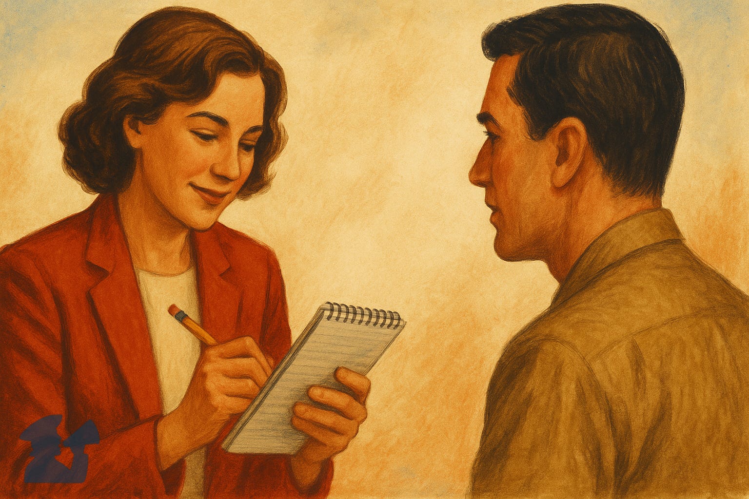 Illustration featuring a reporter interviewing a subject