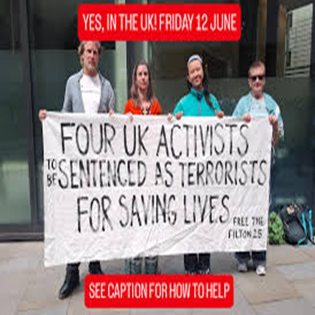 Palestine Action supporters hold a banner reading "Four UK activists to be sentenced as terrorists — Free the Filton 25" outside court. The Almighty Gob. Palestine Action supporters hold a banner reading "Four UK activists to be sentenced as terrorists — Free the Filton 25" outside court. The Almighty Gob.