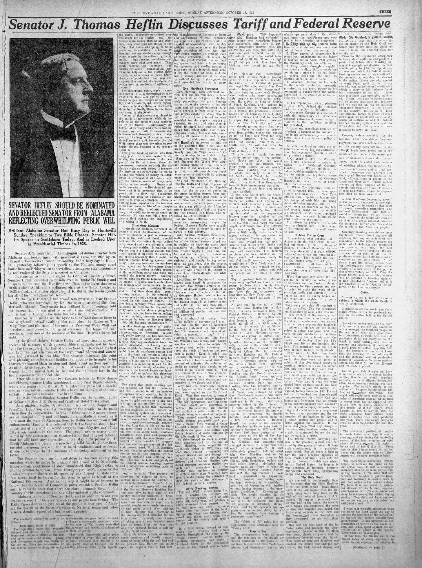 Senator Heflin discusses tariff and federal reserve