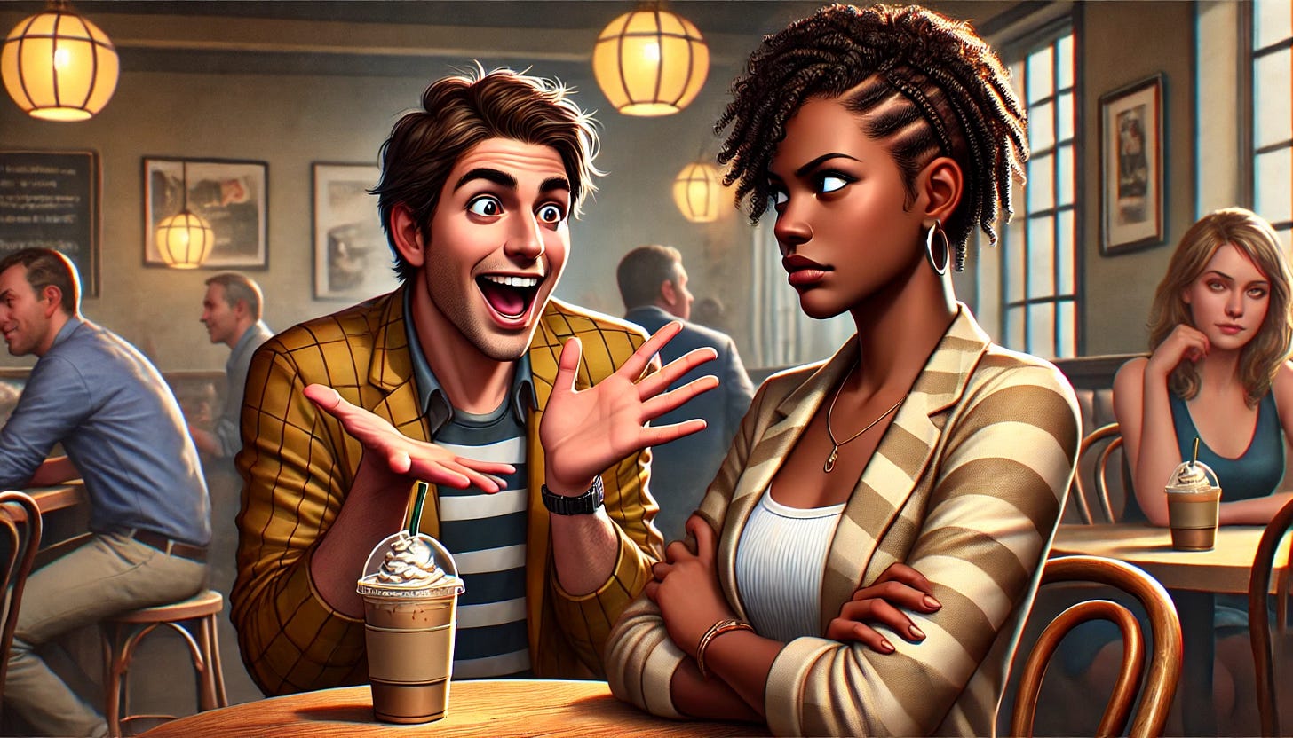 A photorealistic illustration of a clueless man (a real schmendrick) enthusiastically talking to a confident and beautiful African American Jewish woman. The man looks overly eager, with an oblivious grin, while the woman gives him a skeptical, unimpressed look, arms crossed. The setting is a casual café with warm lighting. The woman's stylish outfit and expressive face make it clear she’s not buying whatever he’s saying. No dialogue bubbles. No text on signs.