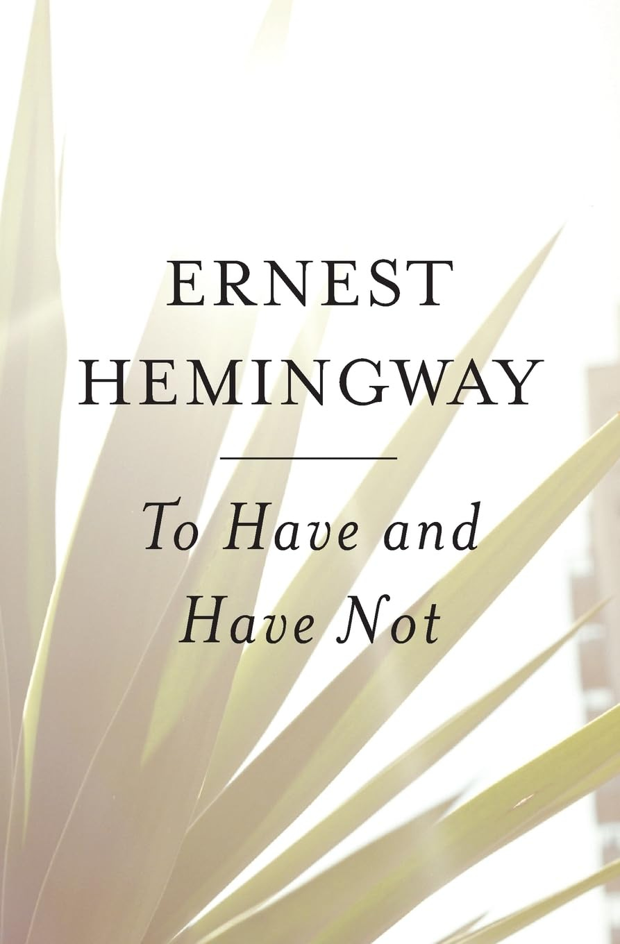 The cover of Ernest Hemingway's novel. Author and title are in black letters against a white background over a faded image of a palm frond.