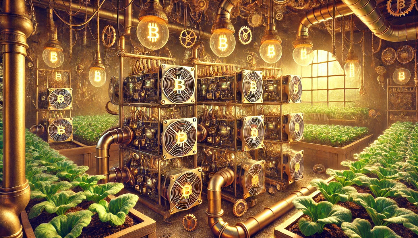 A steampunk-themed room filled with intricate Bitcoin ASIC miners emitting a low-frequency hum. The machines are adorned with brass pipes, gears, and glowing vacuum tubes. Their exhaust heat is carefully redirected through an elaborate system of copper ducts into a greenhouse filled with lush, vibrant food crops. The greenhouse is bathed in warm, golden light, with condensation forming on the glass panes. The entire scene is rich with mechanical details, evoking a fusion of futuristic blockchain mining and Victorian-era steam technology.