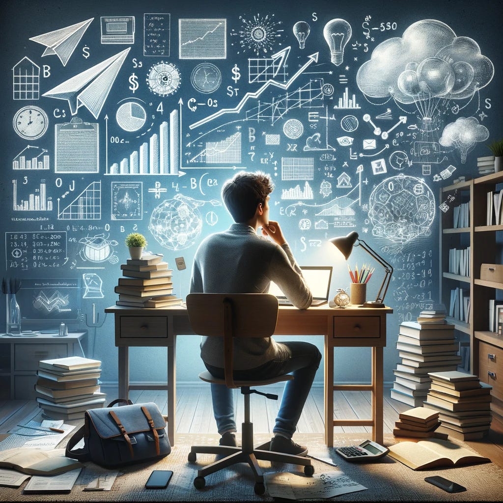 Representa a un estudiante joven, masculino, sentado en su habitación frente a un escritorio lleno de libros de texto, cuadernos, y un ordenador portátil. La habitación tiene una ventana grande por la que entra luz natural. Al lado del escritorio, hay una pizarra pequeña con fórmulas matemáticas y gráficos económicos. En el aire, cerca del estudiante, flotan varias burbujas de pensamiento que contienen imágenes de un ascenso profesional rápido, una cuenta bancaria incrementando sus cifras, y una representación simbólica de libertad financiera, como un ave volando libre. Esta escena captura el momento de concentración y reflexión del estudiante, quien, a través del estudio y la planificación, aspira a convertir sus sueños de estabilidad y prosperidad financiera en realidad.