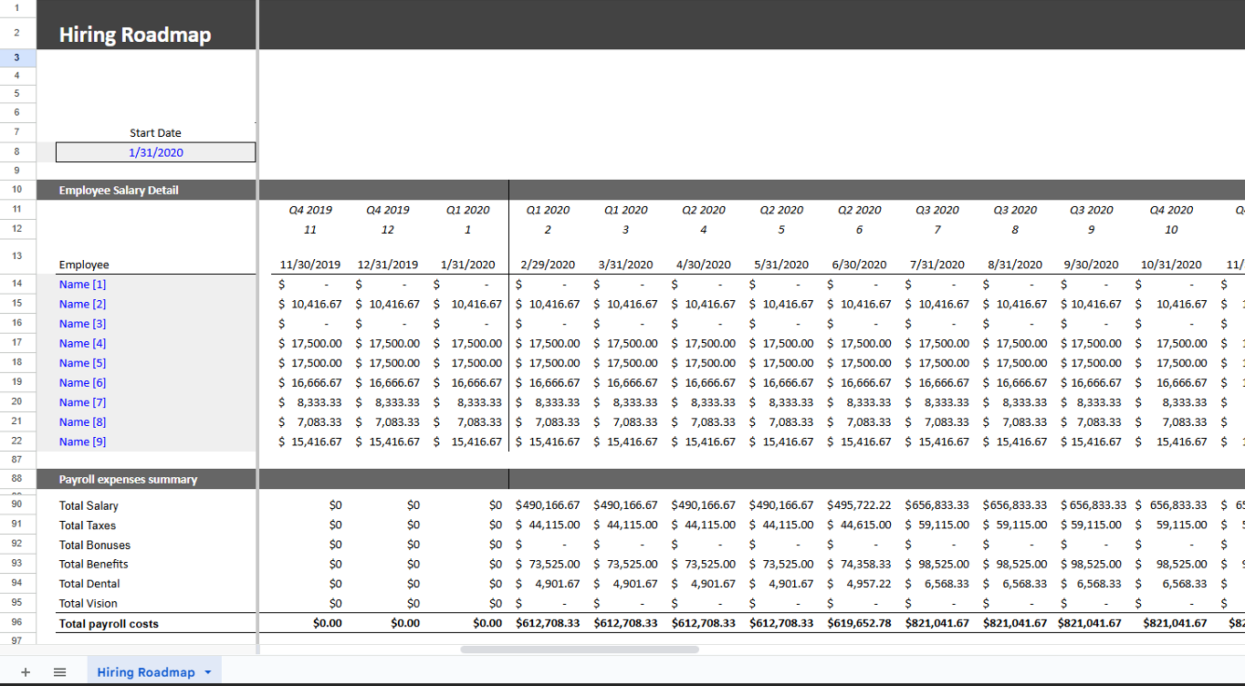Automated monthly timeline in the headcount planning Excel template displaying salaries, taxes, and benefits with a payroll cost summary for startups. Automated monthly timeline in the headcount planning Excel template displaying salaries, taxes, and benefits with a payroll cost summary for startups.