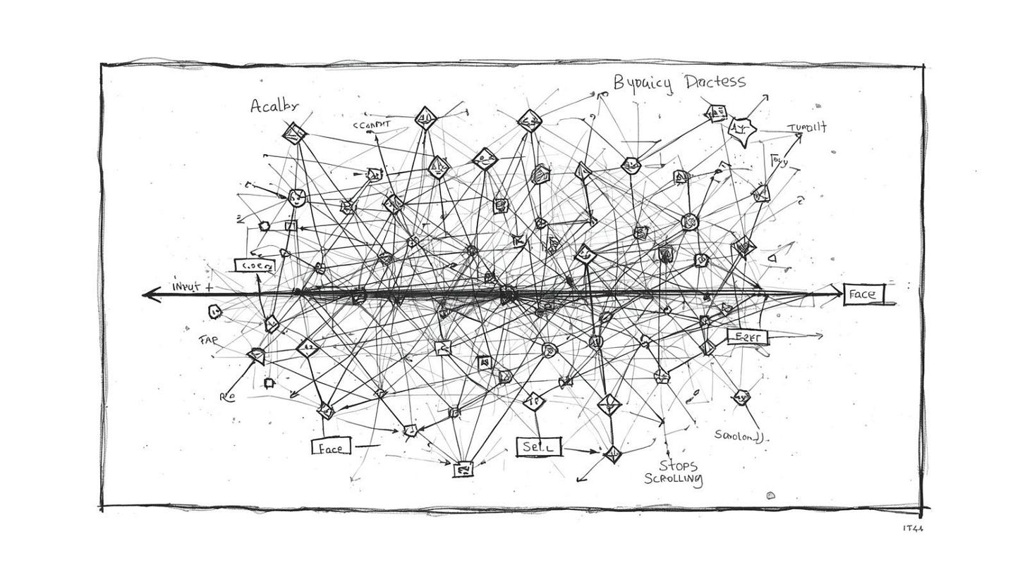 Dense flowchart entirely bypassed by a single bold direct line from face to reaction