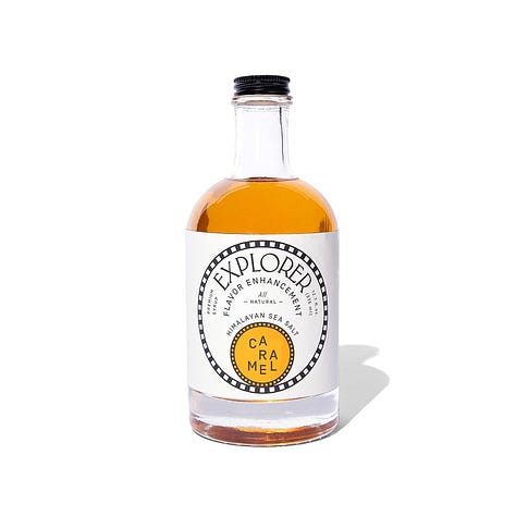 Images of a sweet cinnamon vanilla sugar rimmer for cocktail glasses, a caramel syrup for coffee and cocktails, and a mini snifter