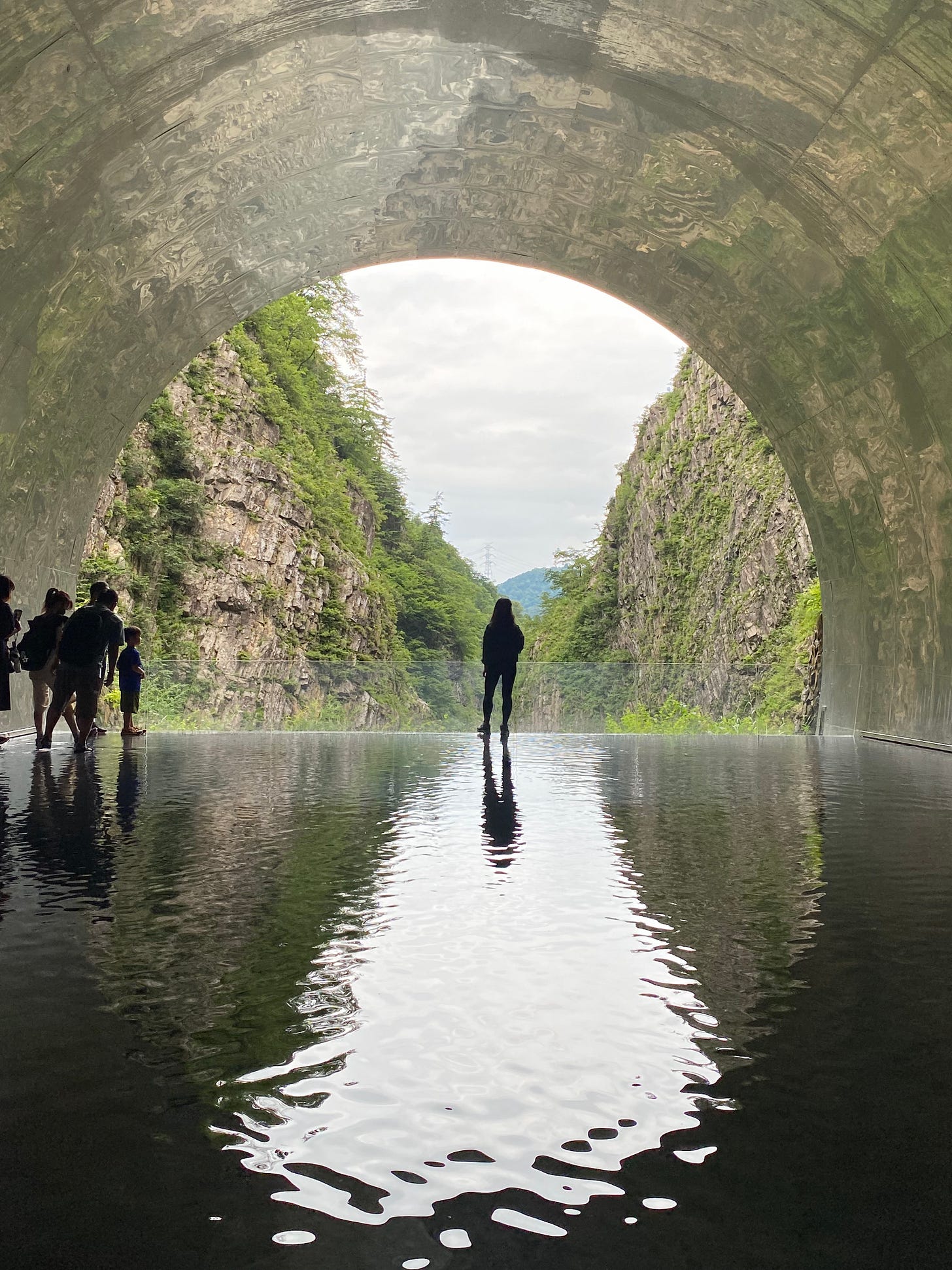 silhouettes of people on a reflective surface in a tunnel