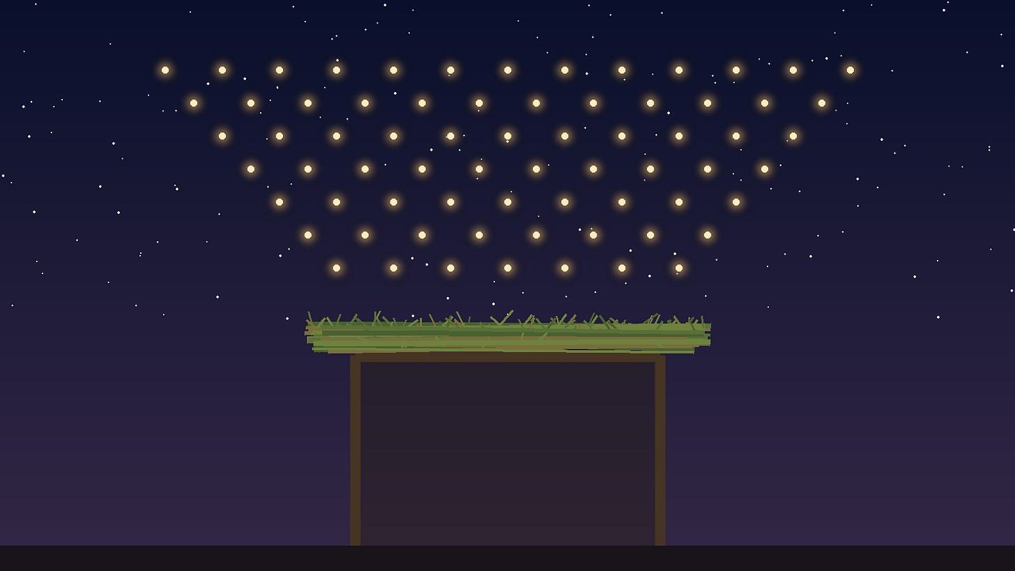 Abstract night scene: seventy small lights arranged in descending rows of thirteen down to seven above a simple sukkah with a branch roof.