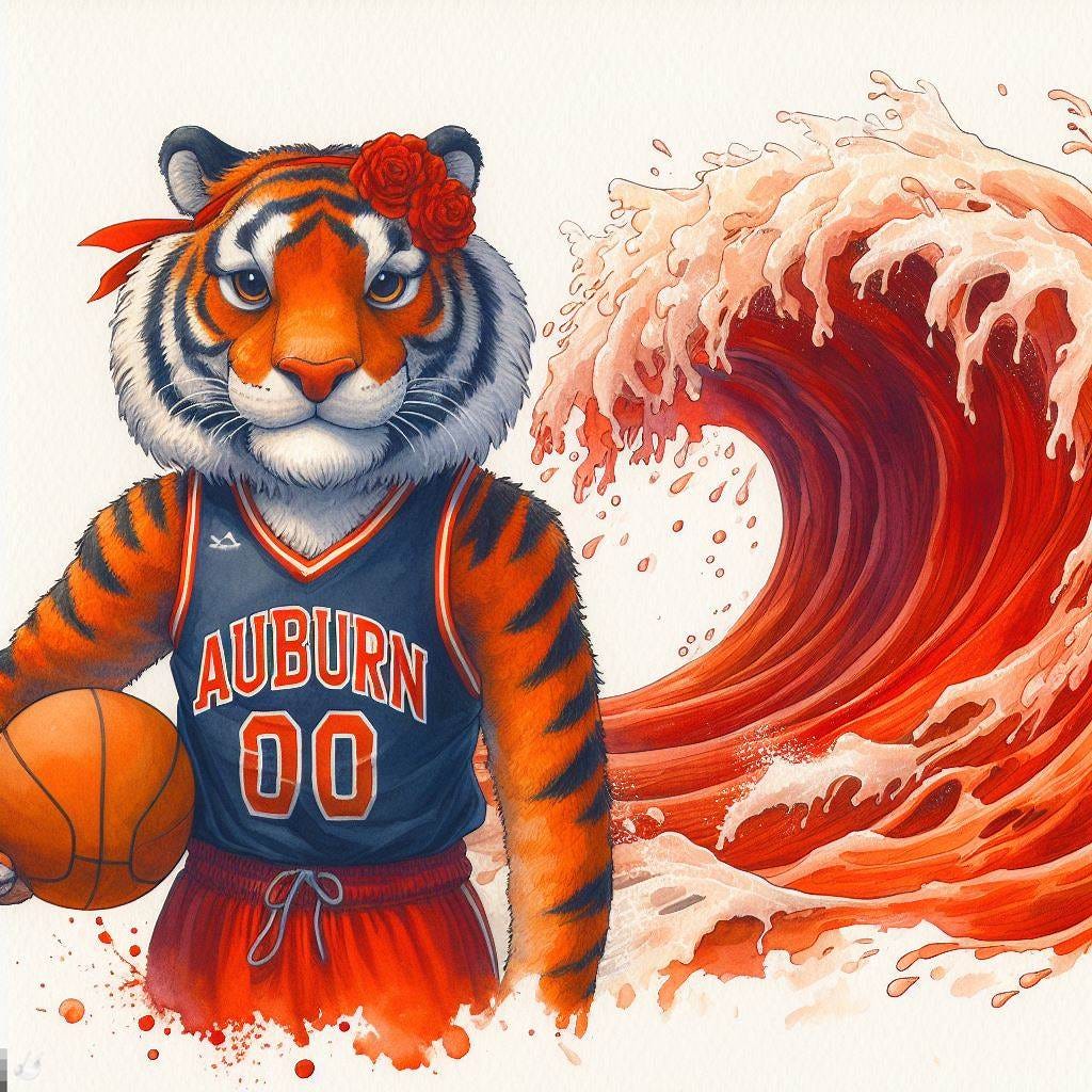 A paper tiger dressed in an Auburn basketball uniform with a red ocean wave approaching him, watercolor A paper tiger dressed in an Auburn basketball uniform with a red ocean wave approaching him, watercolor