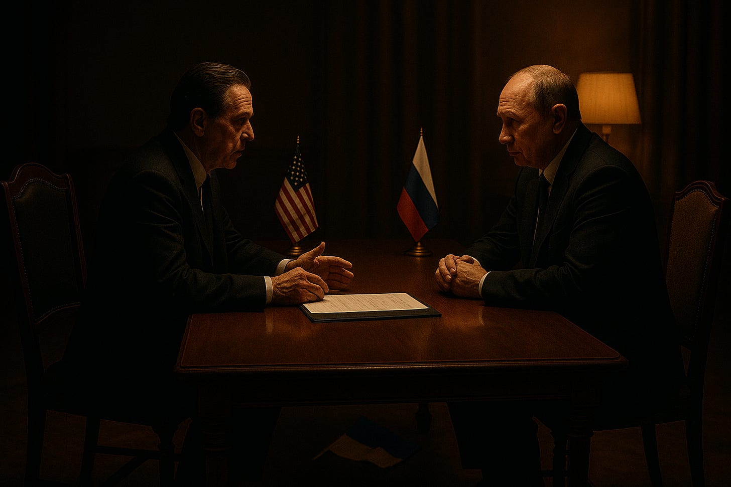 Dos diplomáticos estadounidenses y rusos conversan alrededor de una mesa oscura iluminada al estilo de El Padrino; entre ellos, las banderas de Estados Unidos y Rusia están colocadas bien rectas.
