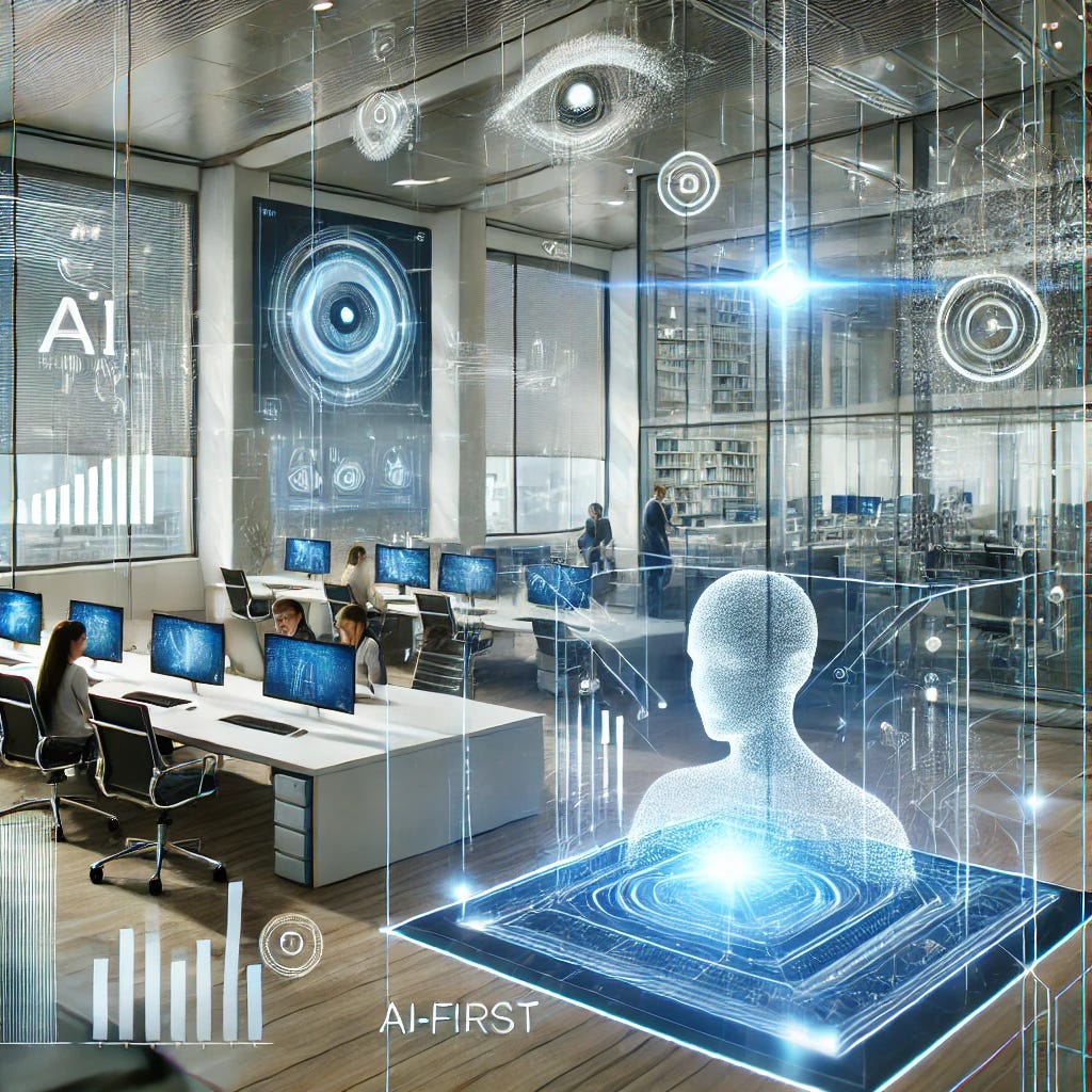 A futuristic office setting where AI systems and humans collaborate. Sleek, modern office buildings with bright digital displays in the background, showing graphs and data. In the foreground, a small team of people working alongside holographic AI interfaces, depicting abstract data visualizations and algorithms. The image highlights a synergy between AI and human work, with a clean, minimalistic tech-driven atmosphere. It represents the concept of AI-first companies with enhanced productivity and innovation.
