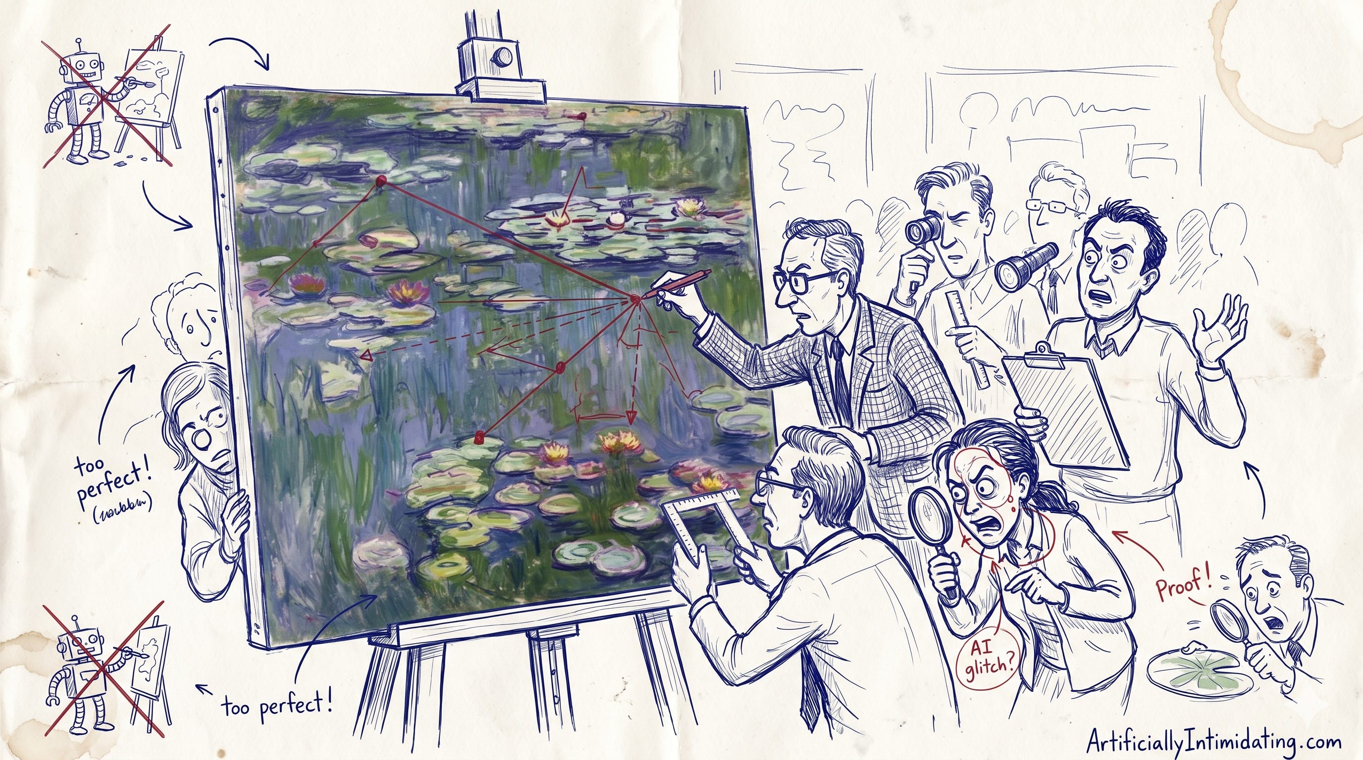 AI Created A detailed pen and ink and colored pencil sketch on textured, aged paper with a coffee stain shows a crowd of men in suits analyzing a large Monet-style water lily painting on an easel. One man in a plaid suit draws a complex red geometric diagram over the painting with a pen. Others use tools like magnifying glasses, a camera, a flashlight, a measuring frame, and a clipboard, with exaggerated suspicious expressions. Two crossed-out sketches of robot artists painting on easels are on the left, with text below reading "too perfect!". Arrows point to the main painting with "too perfect!" text. In the foreground, men look shocked, with red text labels "AI glitch?" and "Proof!" pointing to magnified details. Background figures and frames are out of focus. "ArtificiallyIntimidating.com" is visible in the lower right footer.