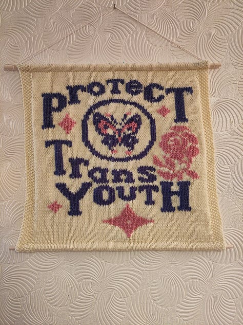 9 pictures of different fiber arts projects including a knit tapestry that says "Protect Trans Youth, a crochet tapestry of a wee ghost, a crochet blanket, a table runner, needle felted keychains, a butterfly cardigan for a little kid, and a blue and white striped cardigan for an adult.